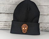 LED Wood Skull on Leather Patch Beanie