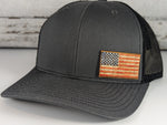 Color Stained Wood Leather US Flag Patch Hat