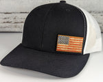 Color Stained Wood Leather US Flag Patch Hat