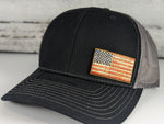 Color Stained Wood Leather US Flag Patch Hat