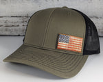 Color Stained Wood Leather US Flag Patch Hat