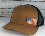 Color Stained Wood Leather US Flag Patch Hat