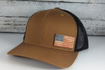 Color Stained Wood Leather US Flag Patch Hat