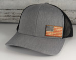 Color Stained Wood Leather US Flag Patch Hat