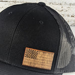 Stained Wood Leather US Flag Patch Hat