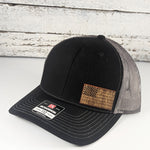 Stained Wood Leather US Flag Patch Hat