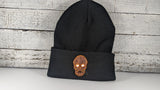 LED Wood Skull on Leather Patch Beanie