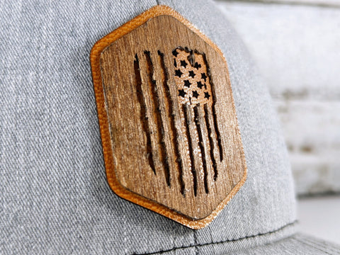 Wooden Tattered American Flag Patch Trucker Hat